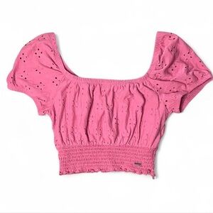 Hollister Pink Eyelet Smocked Crop Top-XS